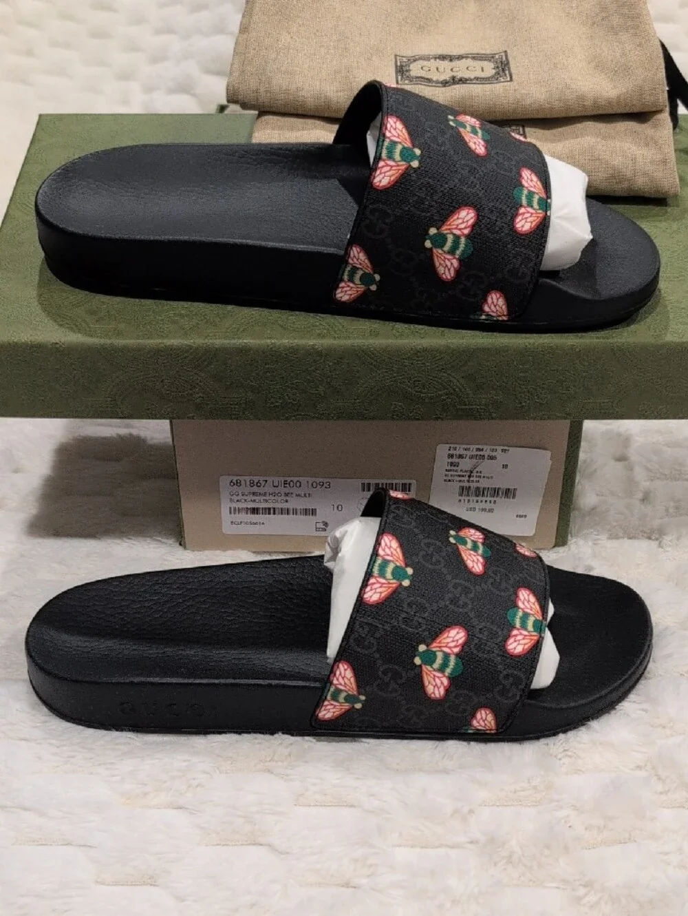UK10 Gucci Black GG Bee Print Men’s Slide Sandals